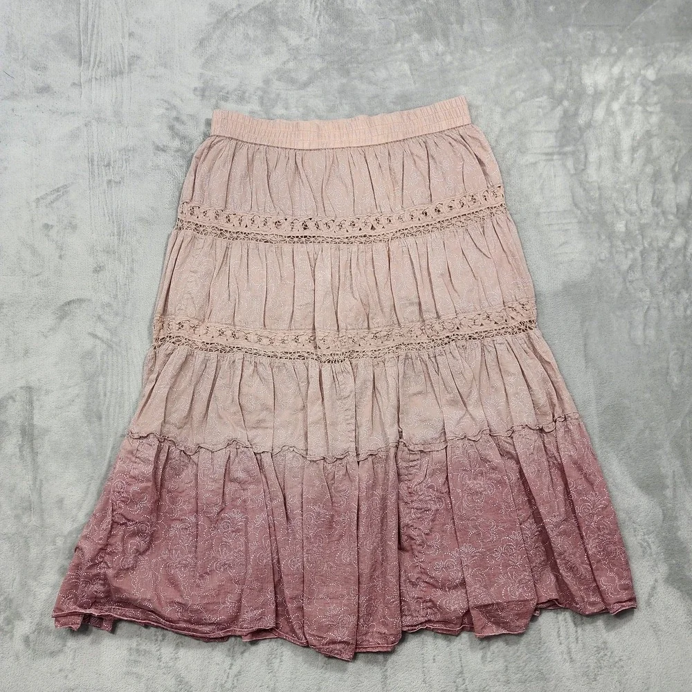 Vintage Nine West Skirt Womens L Pink Paisley Peasant Tiered Lace Boho Cotton - Picture 1 of 10